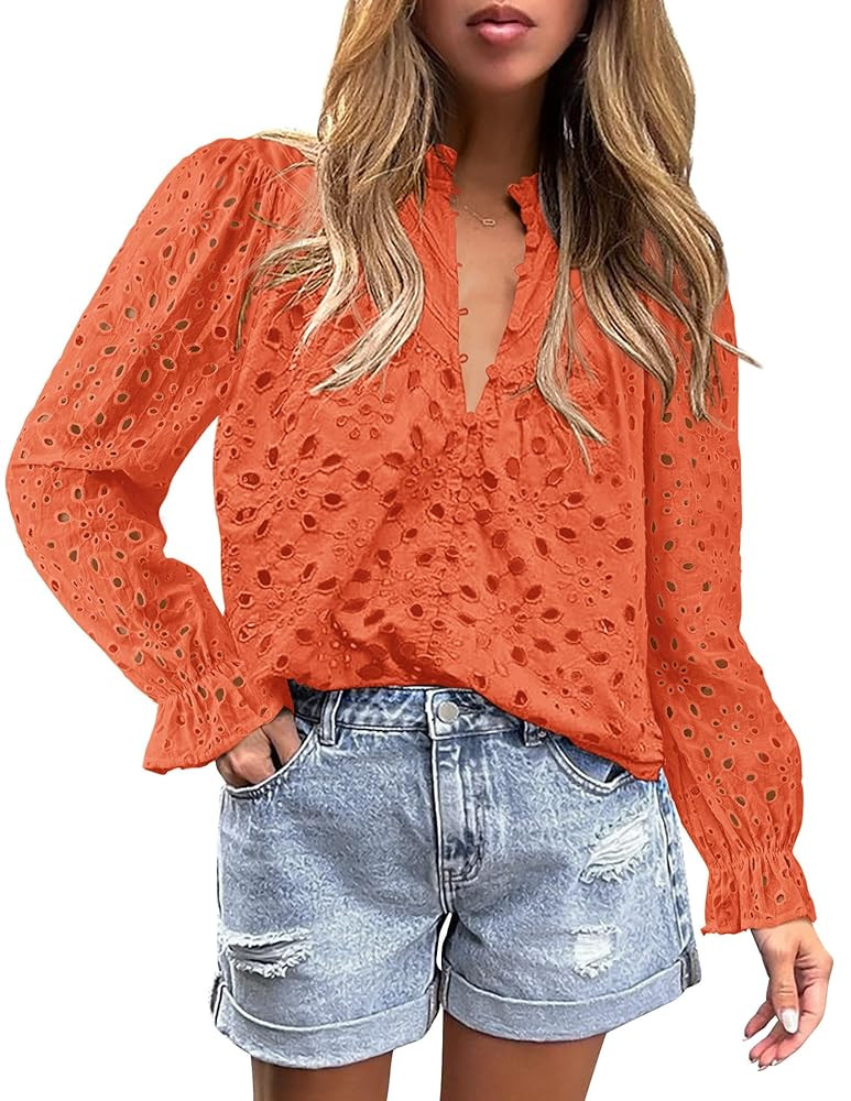 PRETTYGARDEN Women's Dressy Casual Blouse Tops Fall Spring Puff Long Sleeve Button V Neck Hollow ... | Amazon (US)