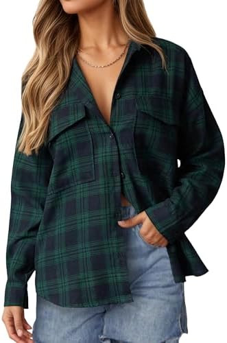 Oyamiki Womens Casual Cuffed Long Sleeve Boyfriend Button Down Plaid Flannel Shirt Tops | Amazon (US)