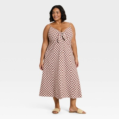 Women's Sleeveless Bow-Front Midi A-Line Dress - A New Day™ Brown Gingham 2X | Target