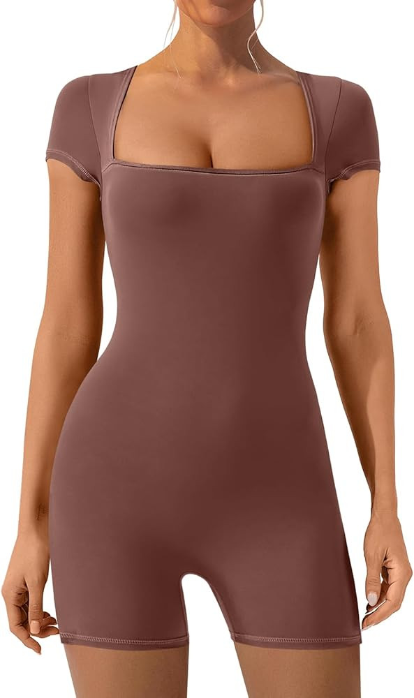 ANRABESS Women's Rompers Sexy Short Sleeve Square Neck Unitard Stretchy Workout Yoga Short Jumpsu... | Amazon (US)