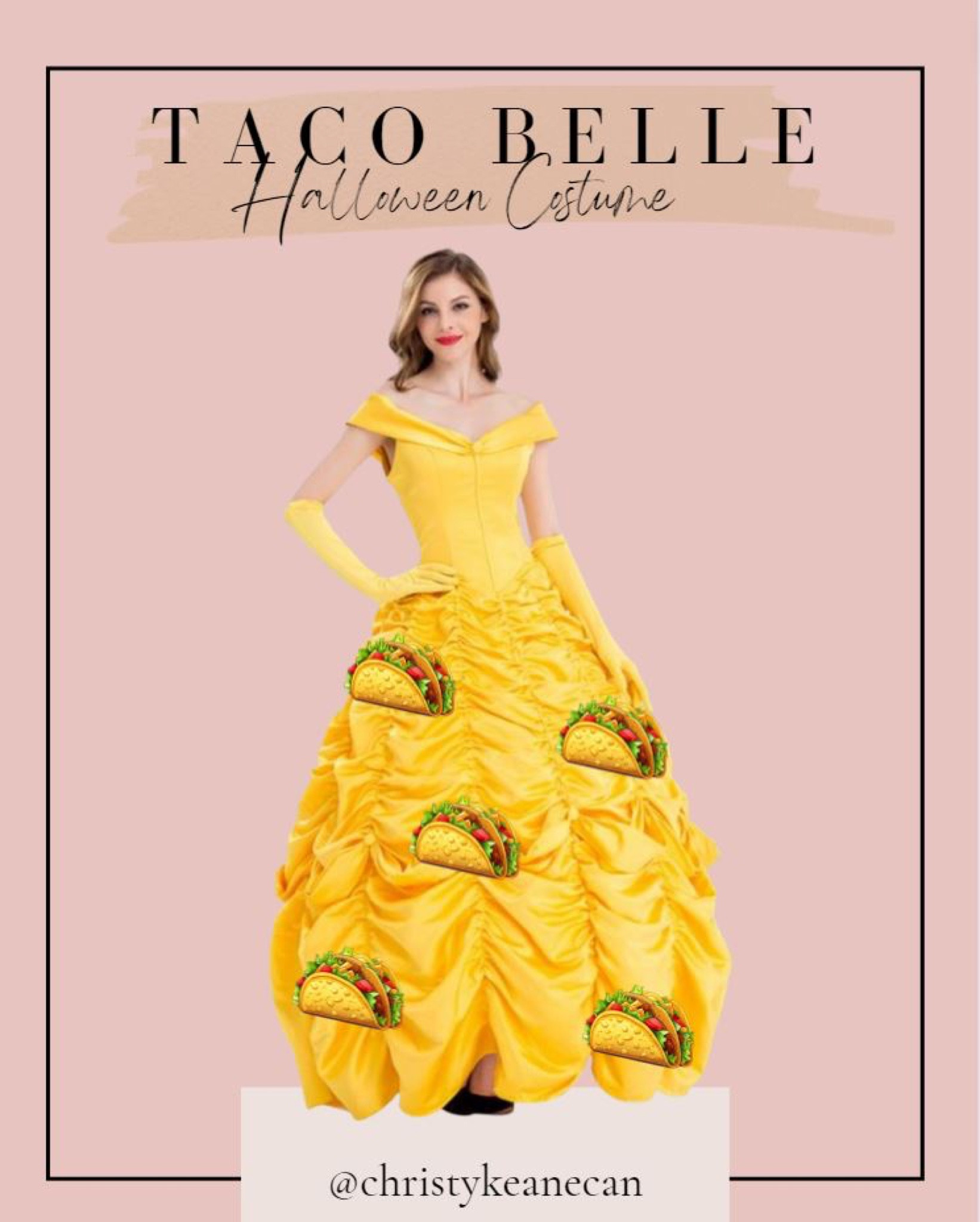 She’s beauty and she’s grace… This might be my favorite punny Halloween costume - Taco Belle 💛🌮
This costume is so easy to put together. I found these cute taco cutouts on Etsy - just print and pin or glue on to the traditional Belle dress

#puns #punnycostume #halloweencostume #belle #tacobell #tacobelle #funnycostume

#LTKHoliday #LTKHalloween #LTKSeasonal