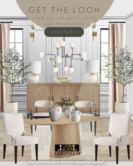 Dining room design inspiration. Recreate the look at home with these furniture and decor. Wood Oval dining table, upholstered dining chairs, dining room rug, white table vase jar, wood buffet console table, dining room chandelier, round table lamp, decorative bowl, white tree planter pot, faux fake tree, wall sconce light, curtains, wood floor tile.

#LTKFind #LTKhome #LTKstyletip