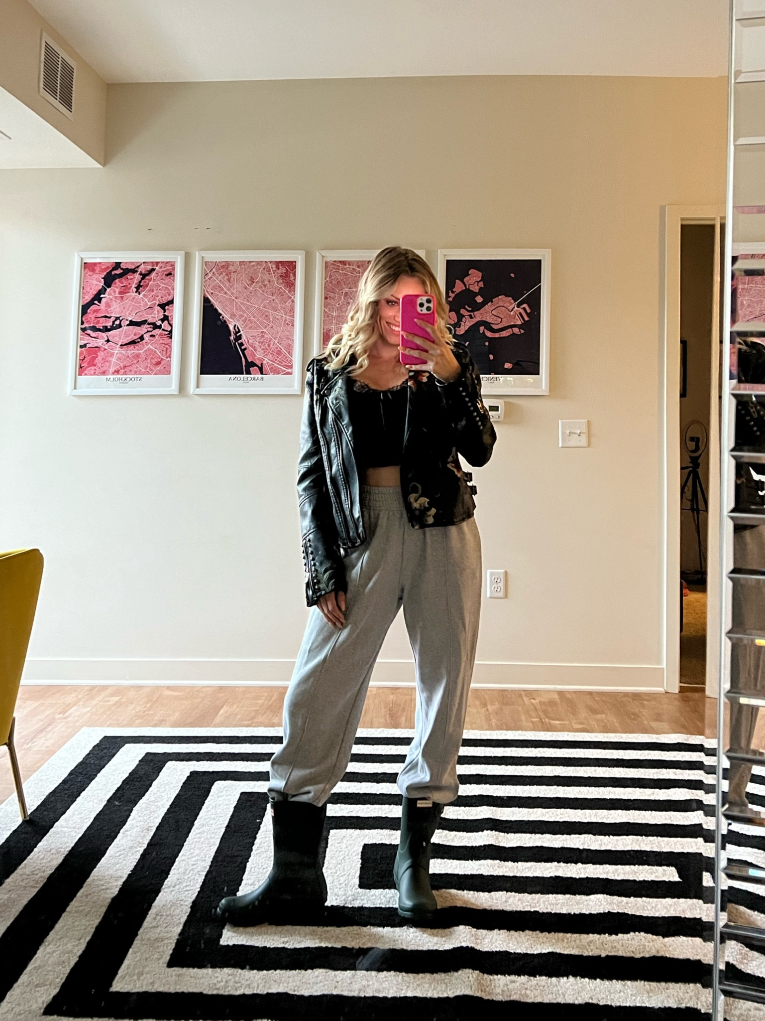 Hunter boots but make it badass. Style rubber boots, sweatpants, corset and a leather jacket for an off-duty model outfit. Straight celebrity style. 

#LTKshoecrush #LTKstyletip #LTKSeasonal