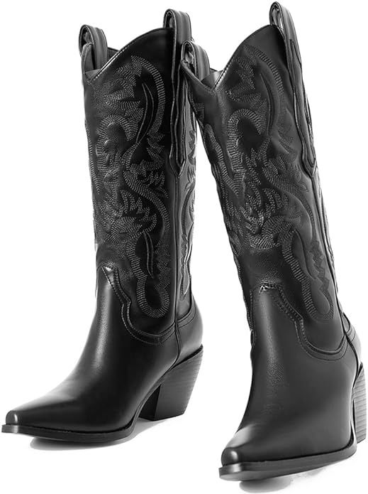 SaraIris Women's Western Boots Cowgirl Cowboy Boots Chunky Heel Knee High Boots Pointed Toe Pull ... | Amazon (US)