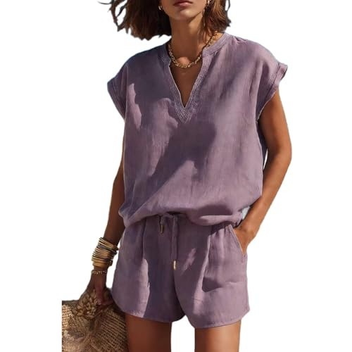 REASERAL Womens Casual 2 Piece Outfits Cap Sleeve V Neck Top and Shorts Sets Loose Fit Beach Vacation Outfits Summer Clothing | Amazon (US)