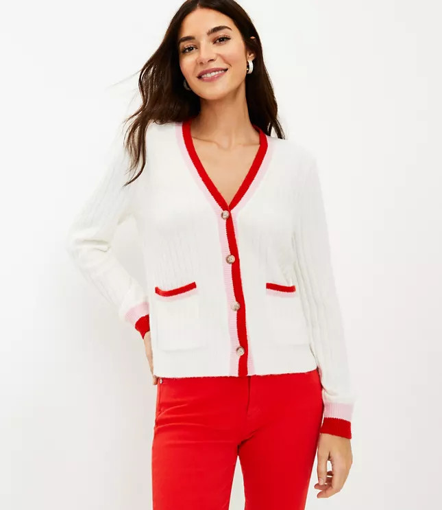 Tipped Puff Sleeve V-Neck Cardigan | LOFT