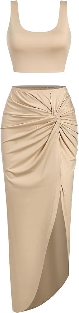 Amazon.com: ZAFUL Women’s 2 Pieces Skirt with Crop Tank, High-Slit Twist Skirt Set Bodycon Dres... | Amazon (US)