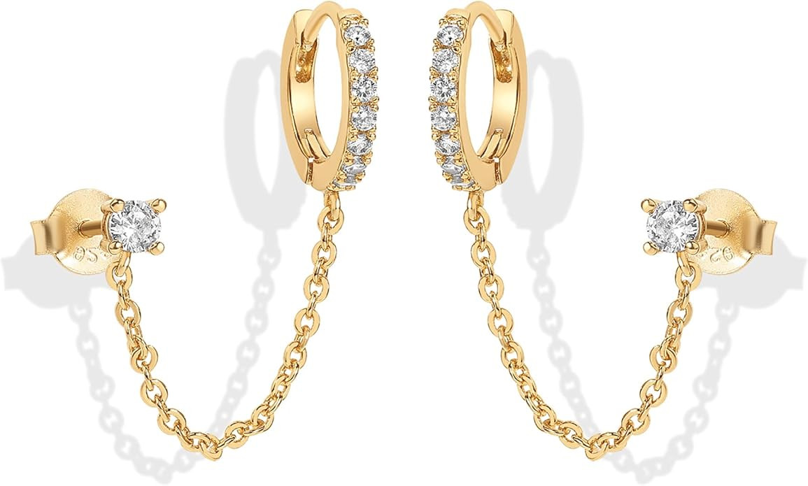 PAVOI 14K Gold Chain Earrings for Women | Double Piercing Dangle Chain Huggie Hoop Earrings | Cub... | Amazon (US)