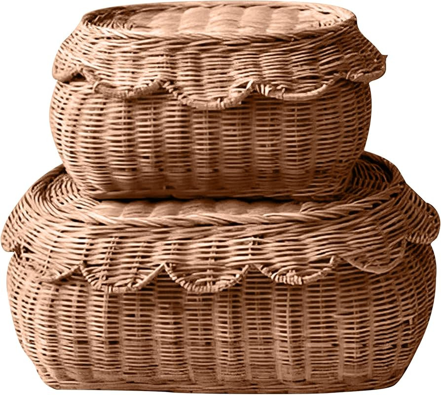 Small Basket Set of 2, Hand Woven Scallop Rattan Baskets - Storage Basket with Lid, Nursery Stora... | Amazon (US)