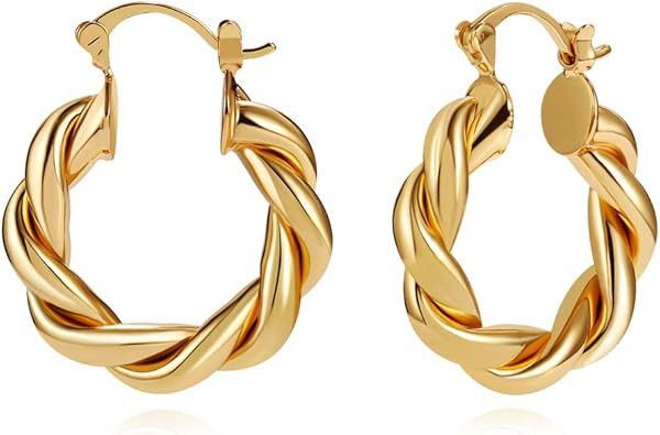 LILIE&WHITE Twisited Gold Chunky Hoop Earrings For Women 14K Gold Plated High Polished Lightweigh... | Amazon (US)