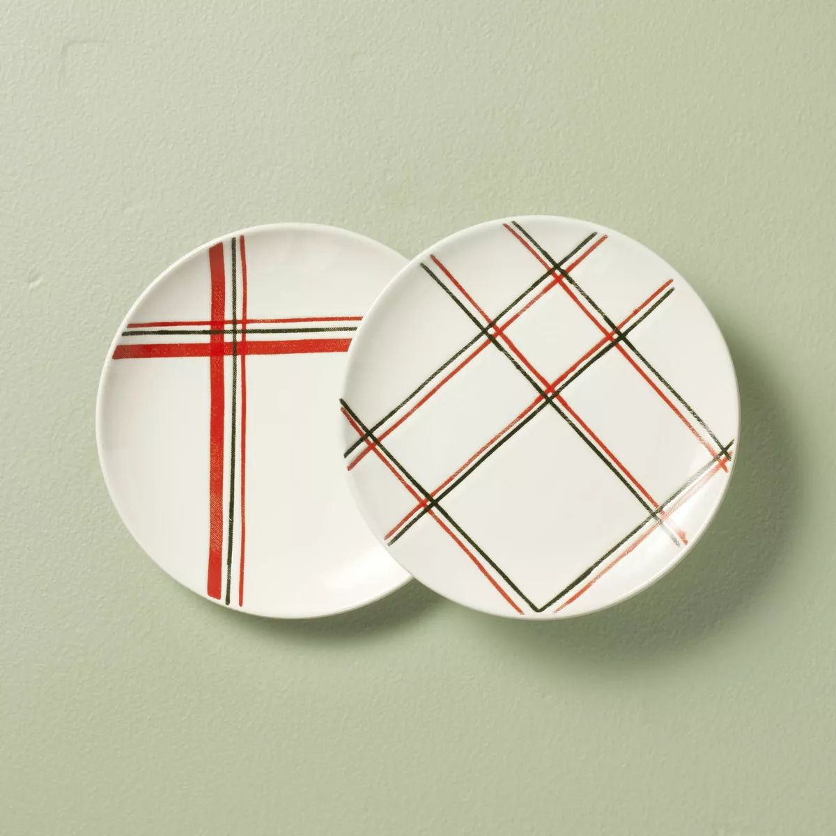 6.8" Christmas Plaid Stripes Stoneware Appetizer Plates Cream/Red/Green - Hearth & Hand™ with M... | Target