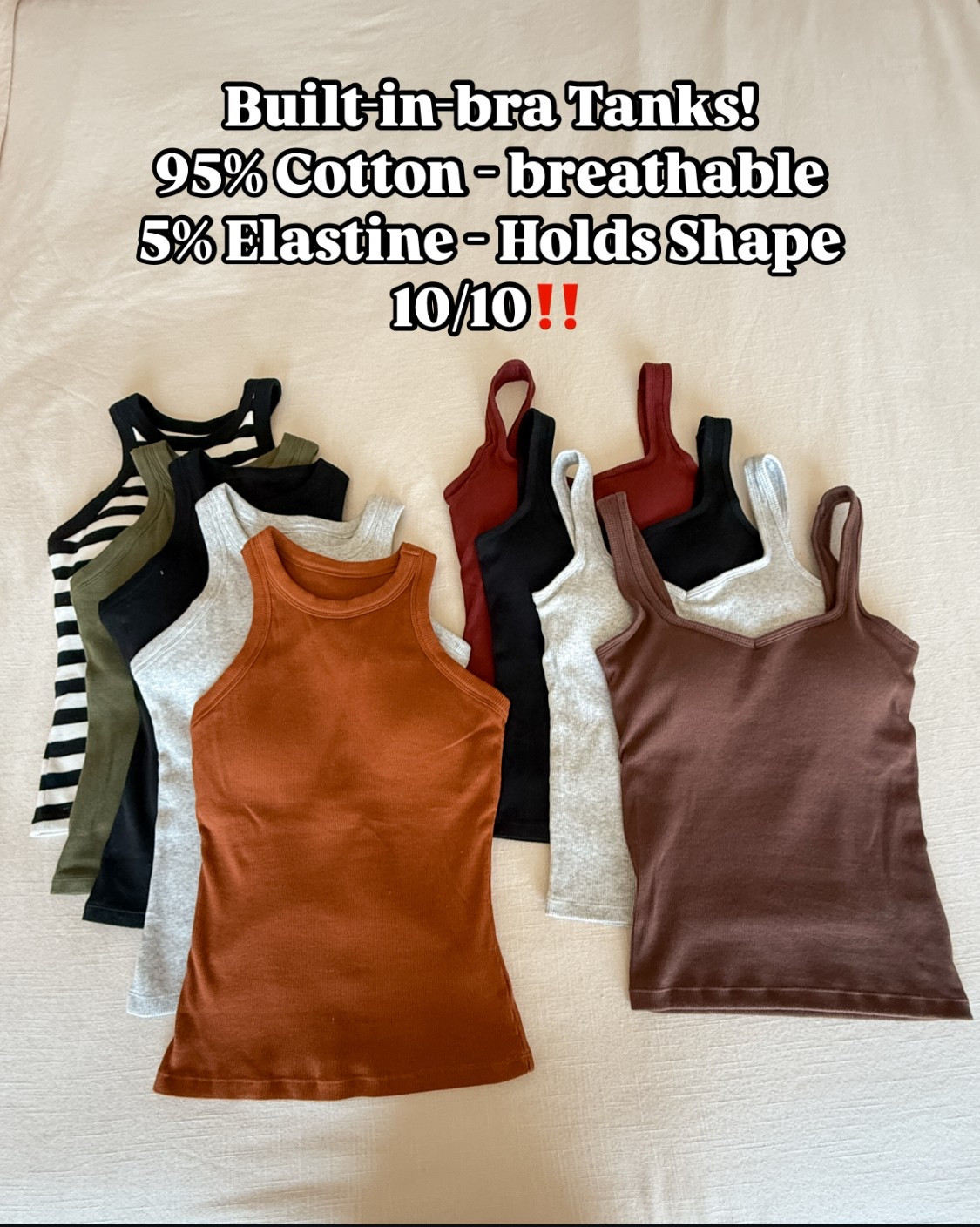 💥Sale alert on Amazon Built-in-bra tanks ribbed knit perfect for summer. For ref: I'm 5'1", 108lbs, 32D wearing an XS, Removable pads, double lined chest, the perfect length, 95% cotton makes these tanks breathable for summer & comfortable, 5% elastine give them stretch & shape retention. 
