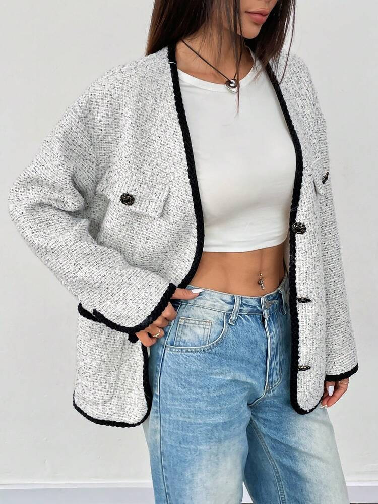 Flirla Long Sleeve Contrast Trim V-Neck Button Front Casual Lightweight Jacket, Autumn/Winter | SHEIN