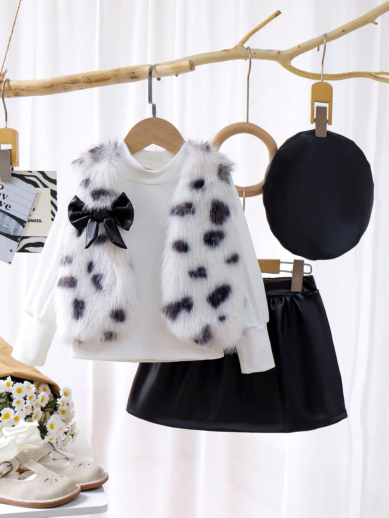 SHEIN Genkimix Kids 4pcs/Set Young Girl Peacock Fuzzy Jacket, Solid Color Turtleneck Long Sleeve ... | SHEIN