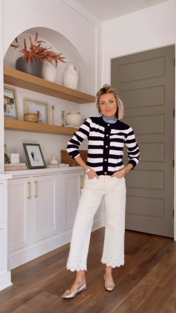 Love this elevated cardigan! I can’t get over the ruffle detail on the collar! So elevated! Wearing size S/4!

Loverly Grey, Walmart, spring outfit, spring workwear, white pants, white jeans, striped cardigan 

#LTKSeasonal