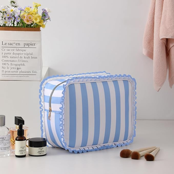 Stripe Ruffle Makeup Bag,Large Travel Cute Cosmetic Bag for Women Girls,Toiletry Bag Make up Orga... | Amazon (US)