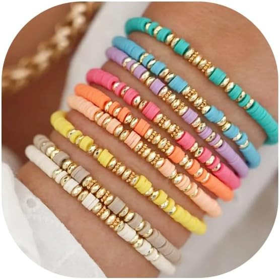 Friendship Bracelets Boho Stackable Bracelets for Women Surfer Heishi Clay Bead Bracelets Stretch... | Amazon (US)