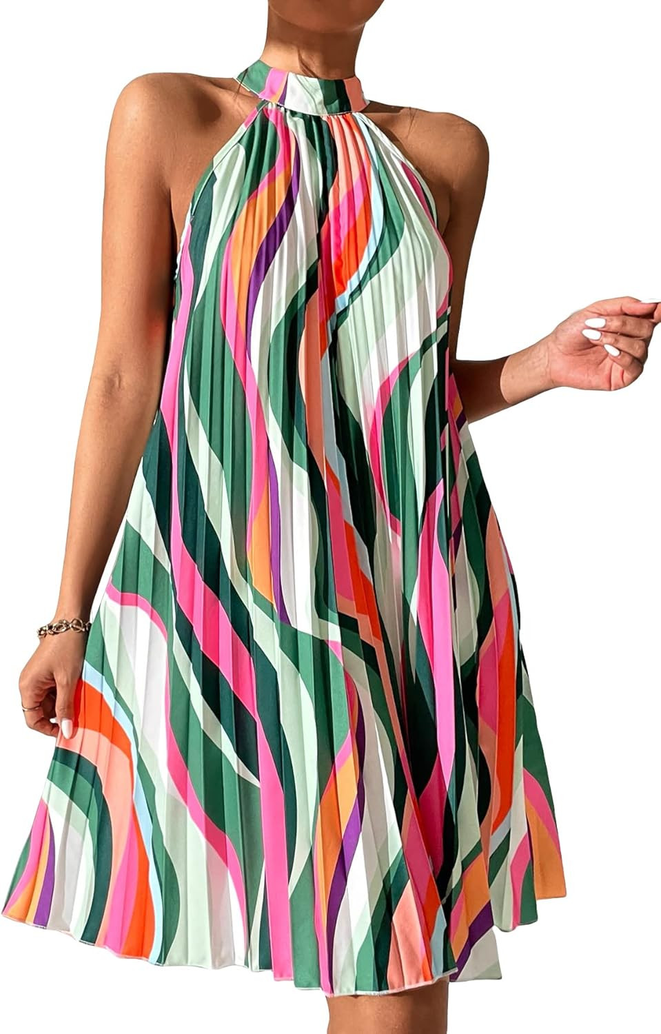 MakeMeChic Women's Allover Print Sleeveless Mock Neck Halter Pleated Tunic Short Dress | Amazon (US)