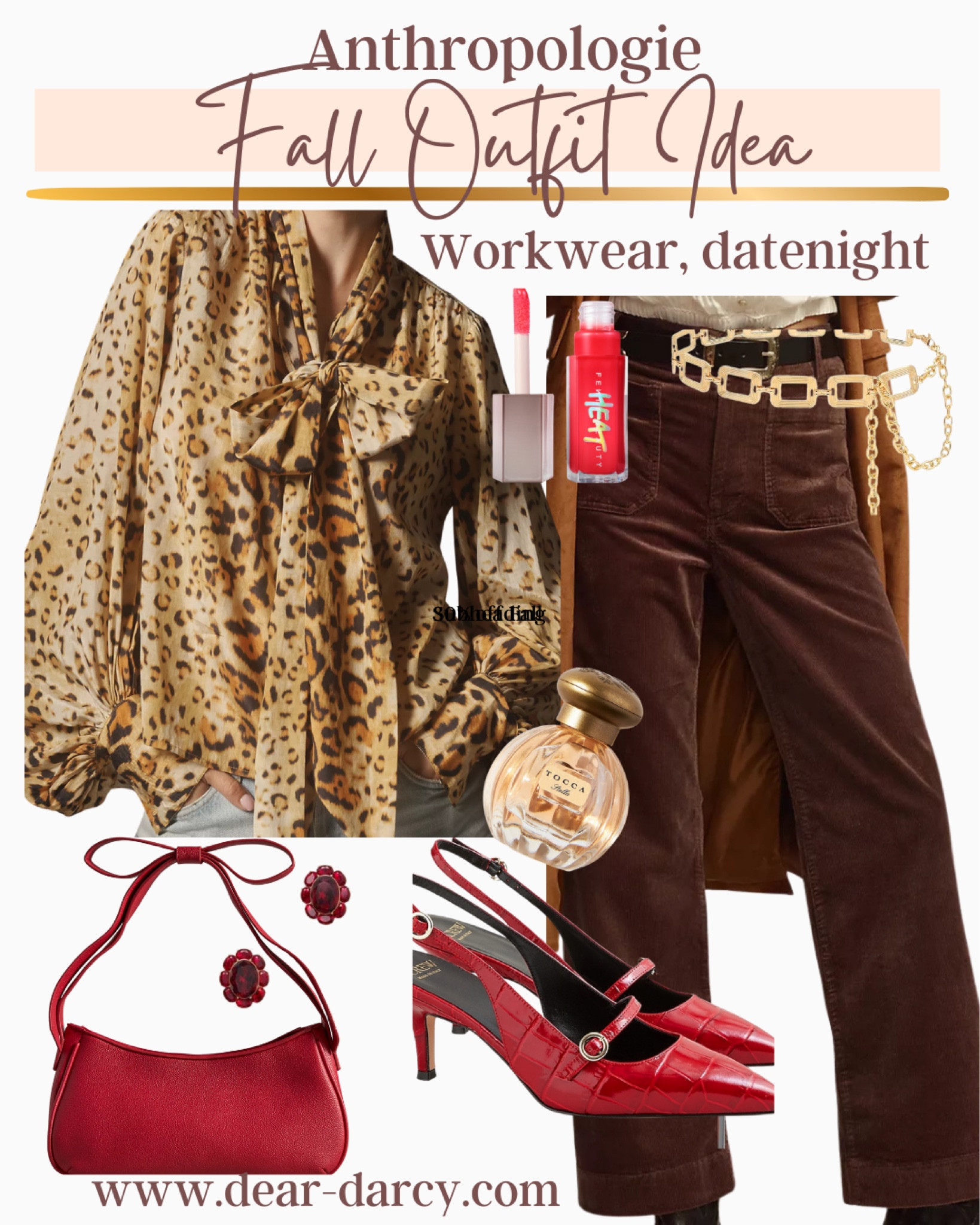 Workwear or Datenight outfit idea❤️🐆
Great for Thanksgiving too

Red and leopard print combo

Loving this Leopard bow print blouse 
Fits tts is flowy I like a front tuck

Brown cords with front pocket pants fits tts 

Gold  chain belt $7.99

Red kitten heals with pointed toe and small buckle  tts

Red bow purse so cute $88

Tocca  perfume 

Red stone earrings Tuckernuck

Heat red lip plumper 