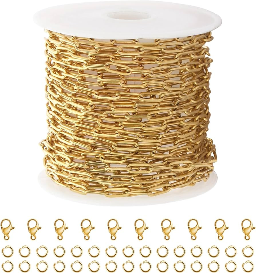 Kyutong 5M Gold Plated Necklace Chain for Jewelry Making 304 Stainless Steel Paperclip Chain Roll... | Amazon (US)