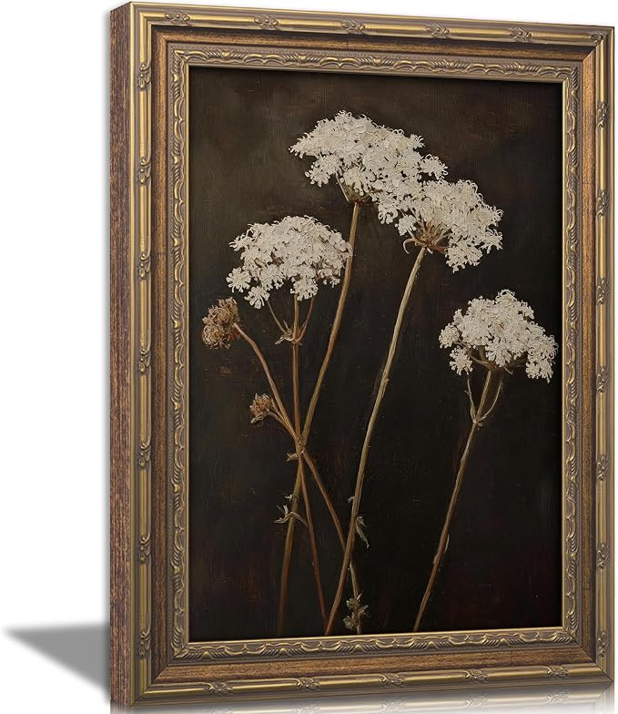 Vintage Gold Framed Moody Botanical Wall Art Dark Dried Floral Wall Decor Retro White Wildflower ... | Amazon (US)