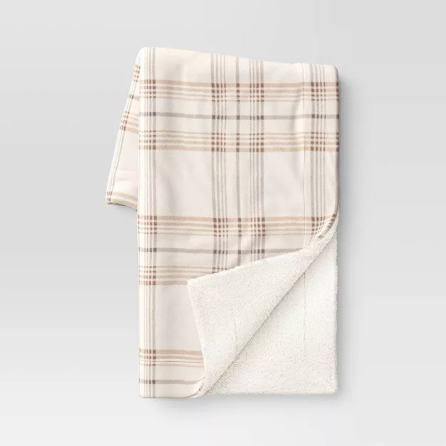 Plaid Printed Plush Christmas Throw Blanket with Faux Shearling Reverse Ivory/Gray - Threshold™ | Target
