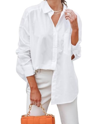 BONITEE Long Sleeve Button Down Shirts Women 2026 Casual Business Work Button Up Blouses Fall Oversized Loose Shirt Tops All-White,S | Amazon (US)