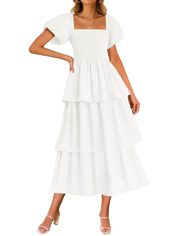 ZESICA Women's 2025 Summer Boho Midi Dress Short Puff Sleeve Flowy A Line Tiered Beach Vacation L... | Amazon (US)