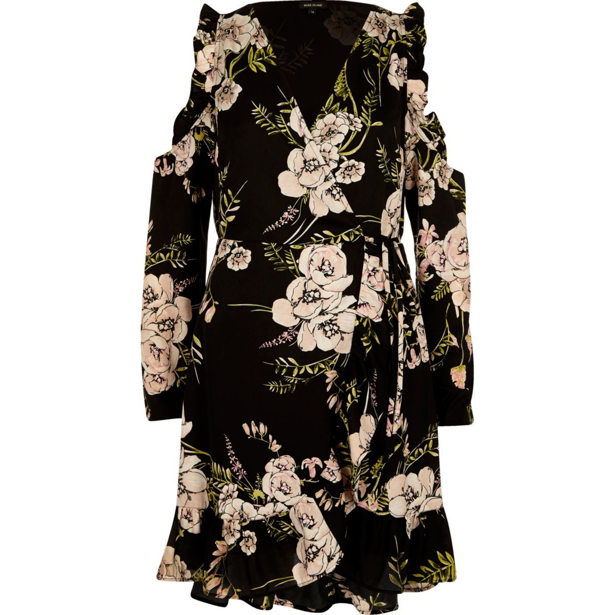 River Island Womens Black floral frill cold shoulder wrap dress | River Island (UK & IE)