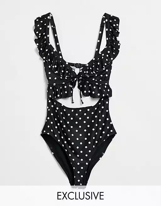 Peek & Beau Fuller Bust Exclusive cut out ruffle swimsuit in polka dot | ASOS (Global)