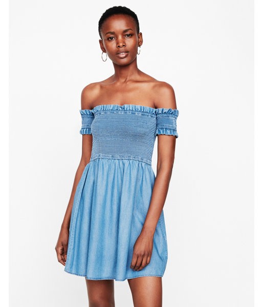 Express Womens Off The Shoulder Smocked Bodice Dress | Express