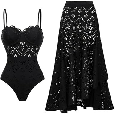 FLAXMAKER Black One Piece Adjustable/Removeble Strapes Hollow Push-up Swimsuit and Skirt | Amazon (US)
