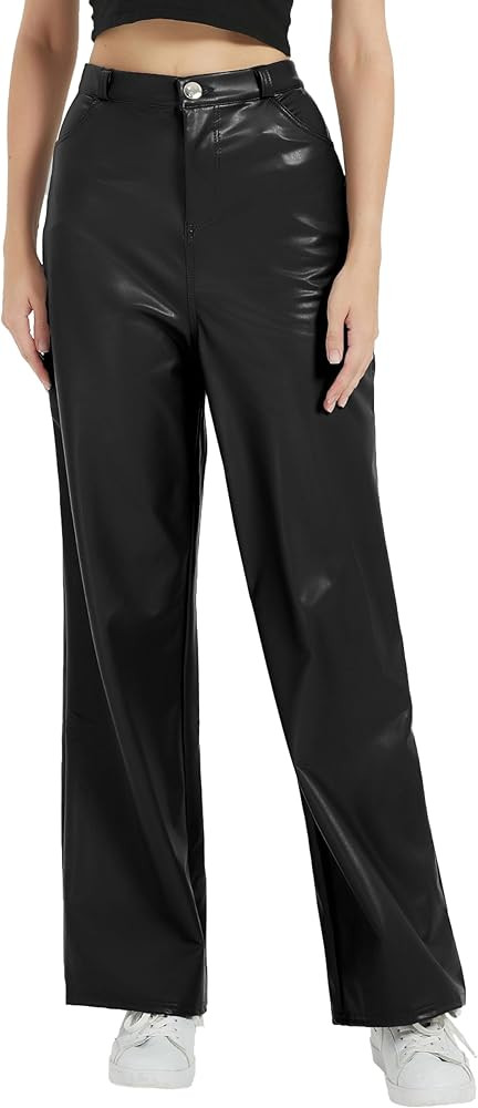 Women's Black Leather Pants, High Waist Faux Leather Straight Pants, Wide Leg Leather Leggings Be... | Amazon (US)