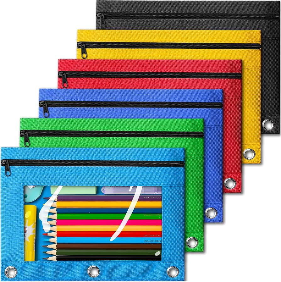 V-Opitos Pencil Pouch for 3 Ring Binder, Bulk 6 Pack 3-Holes Zipper Pencil Pouches in Assorted Co... | Amazon (US)