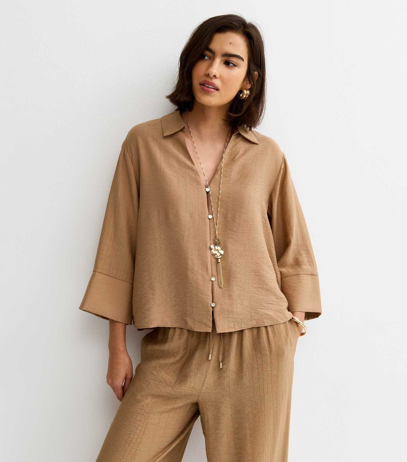 Camel Crinkled Cropped Sleeve Shirt | New Look | New Look (UK)