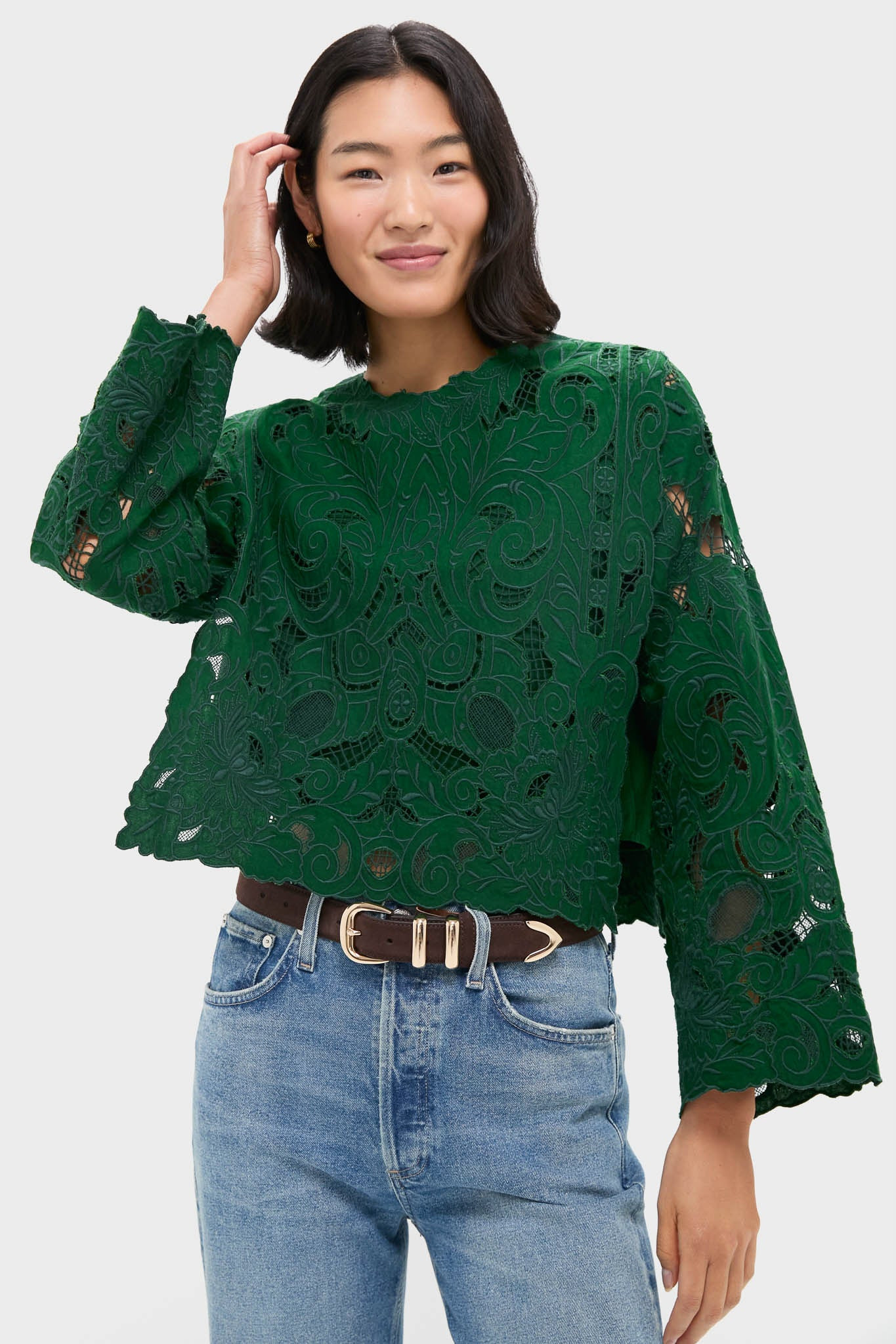 Green Ceci Embroidery Long Sleeve Top | Tuckernuck (US)