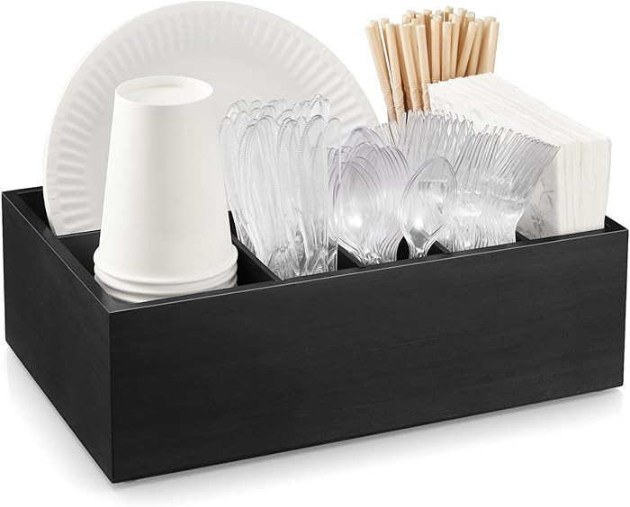 Black Utensil Holder for Party - Wooden Paper Plate and Utensil Caddy for Countertop - Silverware... | Amazon (US)