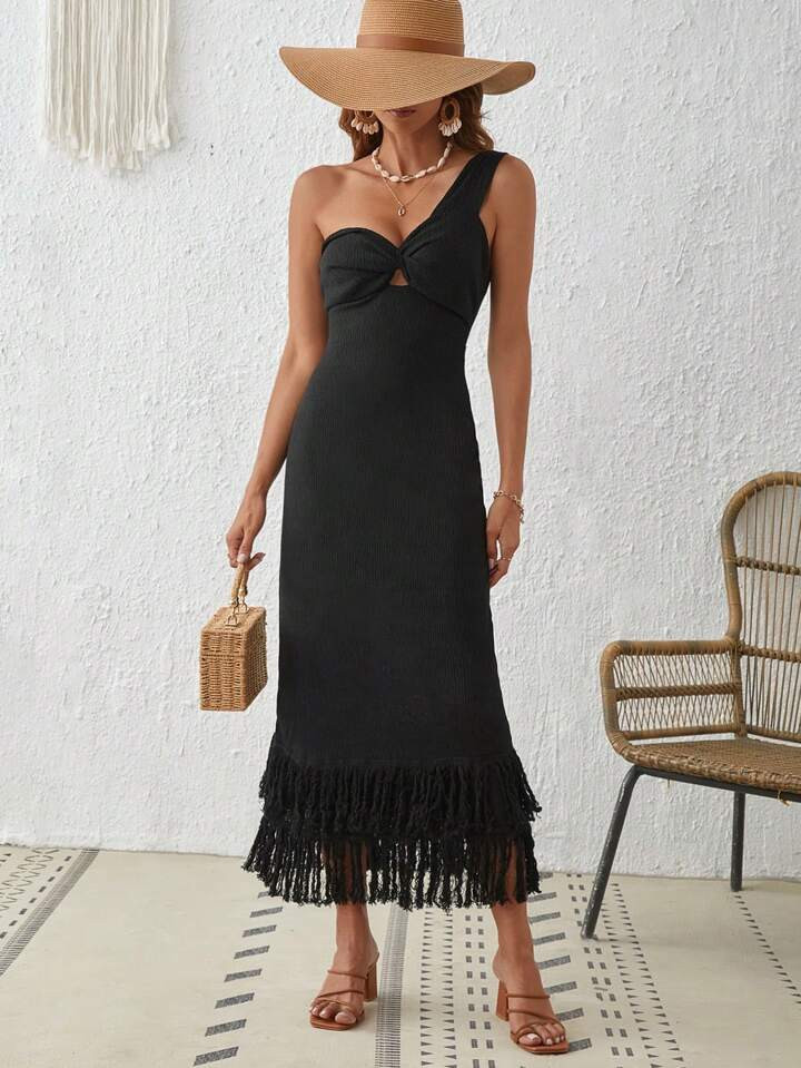 SHEIN VCAY One Shoulder Twist Front Fringe Hem Dress | SHEIN