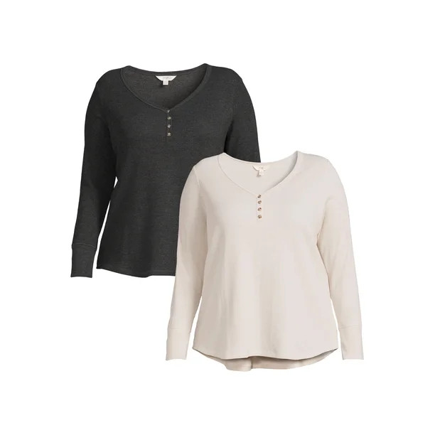 Terra & Sky Women's Plus Size Long Sleeve Waffle Henley Top, 2-Pack - Walmart.com | Walmart (US)