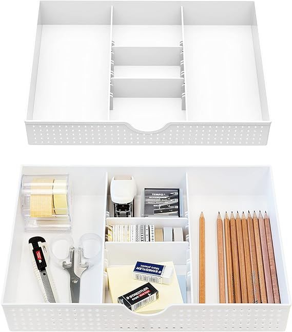 CAXXA 2PK - 3 Slot Drawer Organizer with Two Adjustable Dividers - 5 Compartments Drawer Storage ... | Amazon (US)