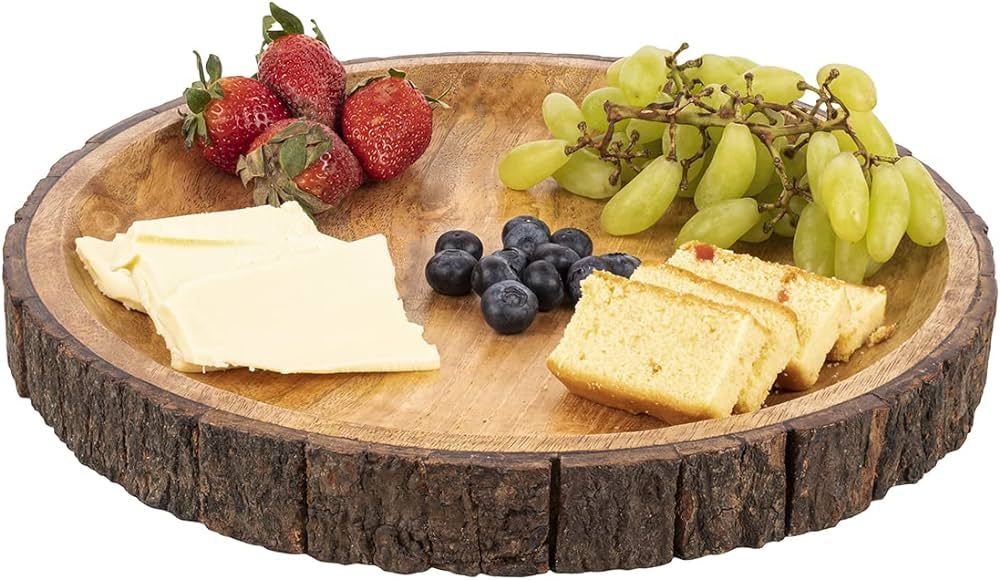 GoCraft Round Wooden Serving Platter with Tree Bark on Edges | Mango Wood Pizza Platter, Serve Bo... | Amazon (US)