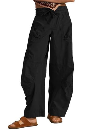 Aoysky Womens Baggy Barrel Wide Leg Pants Drawstring Elastic High Waisted Casual Loose Active Trousers with Pockets Black | Amazon (US)