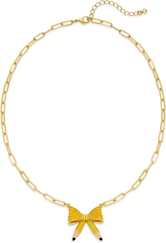 Cute Teacher Necklace For Women Yellow Enamelled Pencil Bow Pendant Necklace With Gold Chain Back... | Amazon (US)