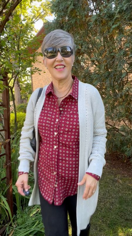 Siteseeing outfit/ grey cardigan (s)/ burgundy shirt (s)/ black backpack (Evereve)/J McLaughlin black washable suede leggings (m)/ riding boots/ casual looks