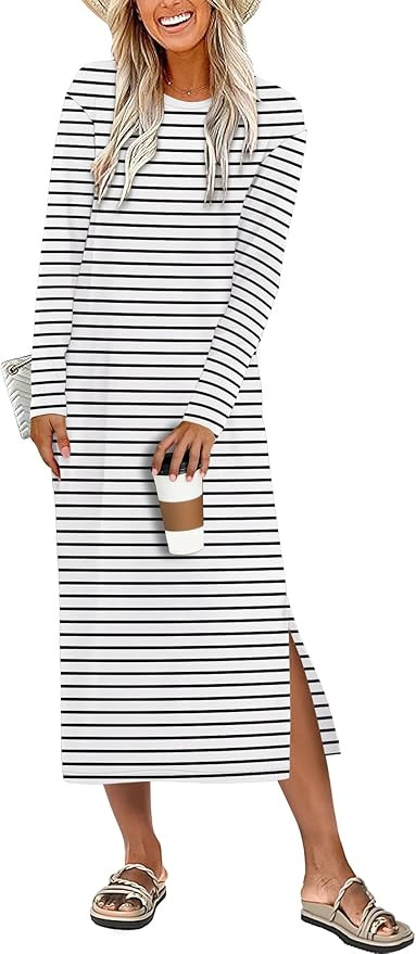 ANRABESS Long Sleeve Midi Dresses for Women Fall Fashion Casual Vacation Crewneck Loose Split Str... | Amazon (US)