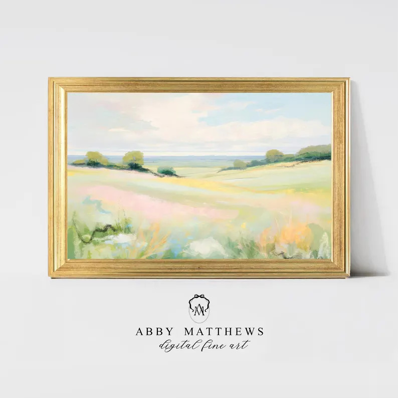 Grandmillenial Wall Decor | Nursery Wildflower Field Pastel Landscape Digital Art Print | Vintage... | Etsy (US)
