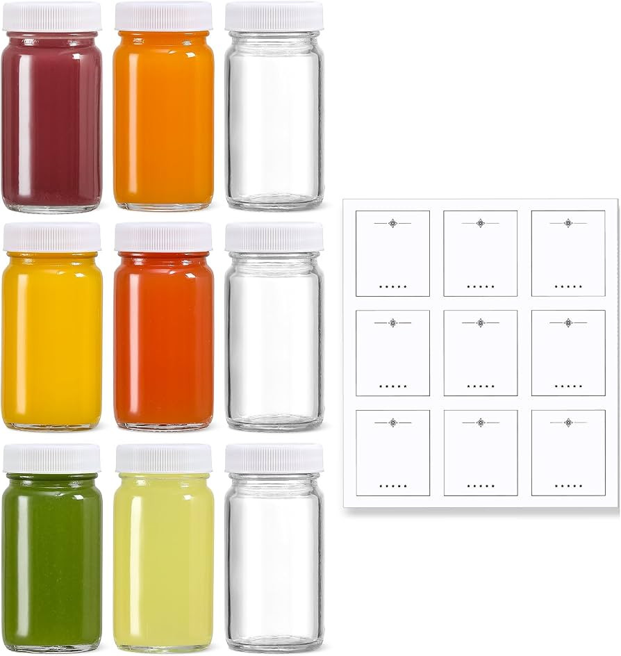 9 Pack 2 oz Glass Shot Bottles w/ White Lids & 9 Labels - Small Clear Jar for Ginger, Wellness Sh... | Amazon (US)