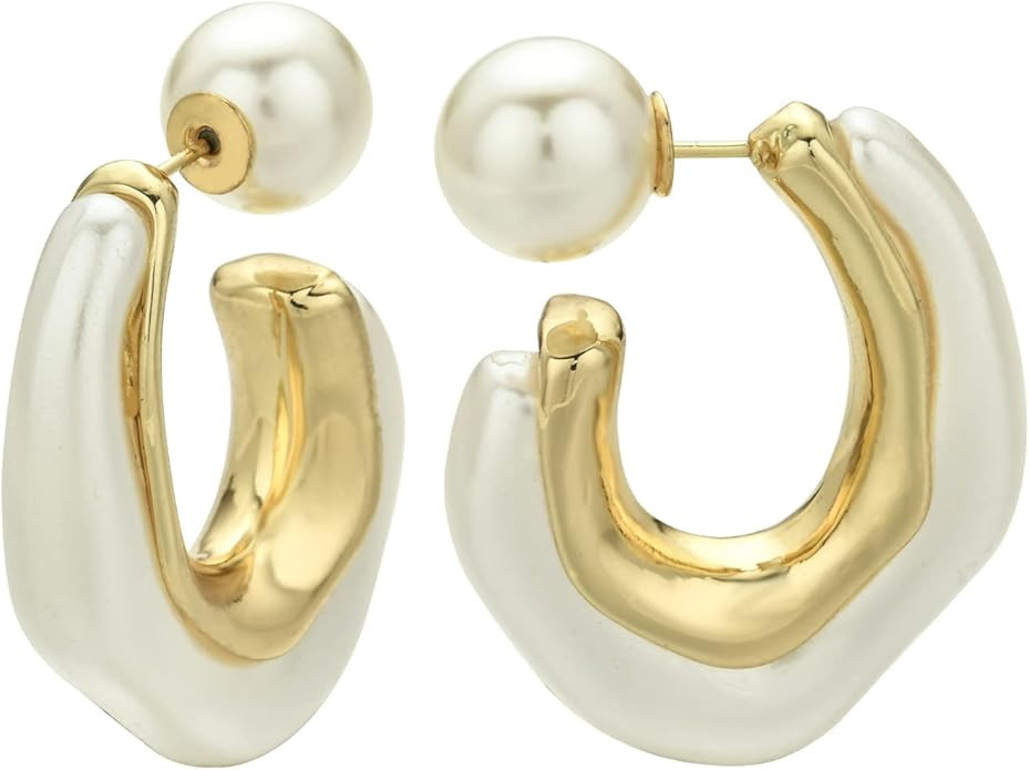 Acrylic Resin C Shape Open Hoop Earrings with Pearl Ball Back Hypoallergenic Double Sided Faux Pe... | Amazon (US)