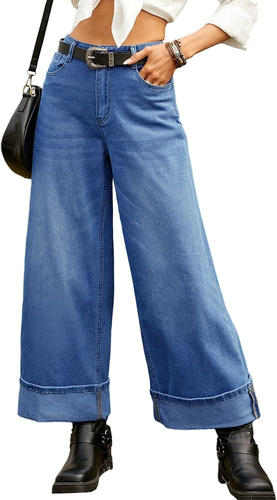 Women's Straight Wide Leg High Waist Jeans for Trendy Stretch Denim Pants with Cuffed Hem-Comfort... | Amazon (US)