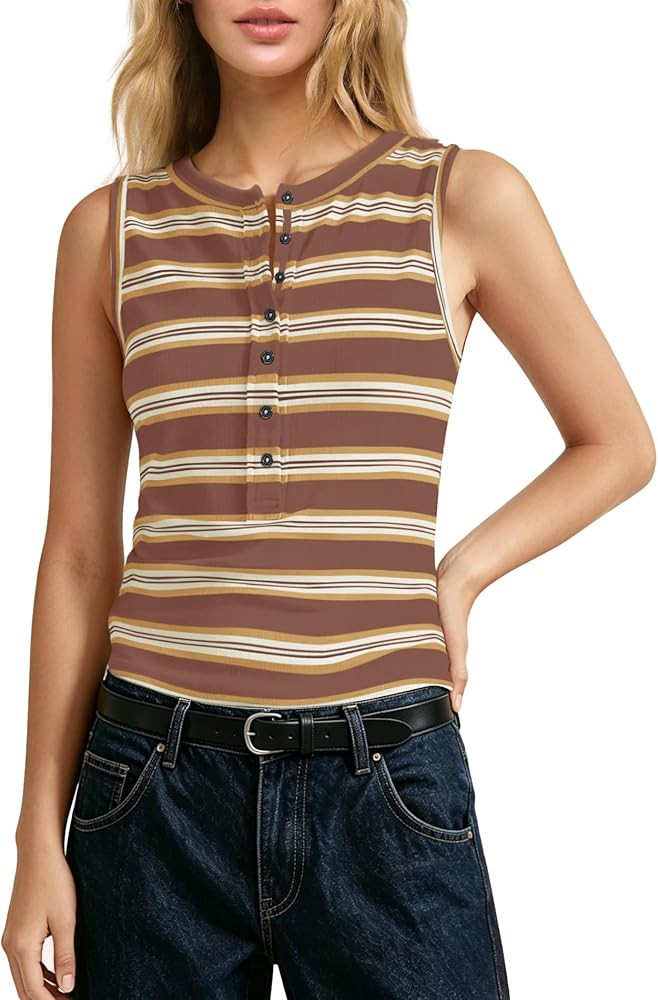 Yanekop Womens Striped Tank Tops Wide Strap Slim Fit Camisole Henley Neck Button Down Sleeveless ... | Amazon (US)